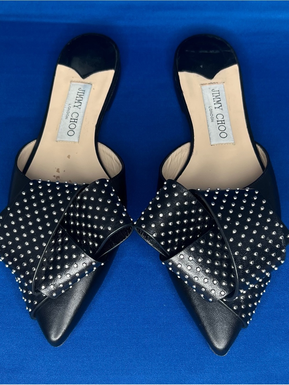 Jimmy Choo Black Gretchen Studded Pointed-Toe Slip-On Mules Size 38. US 7.5